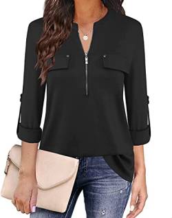 Siddhe Bluse Schwarz Damen Einfarbig V-Ausschnitt Bluse Tunika Damen Langarm Reißverschluss T-Shirt Oberteile Elegant 3/4 Ärmel Blusen Casual Longshirt, Schwarz M von Siddhe