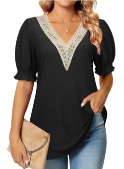 Siddhe Bluse Schwarze Damen Elegant Oberteile Kurzarm T-Shirt Sommer Tunika Hohl Longshirt Damen Lässig Für Leggings Große Größen Spitzen V-Ausschnitt Damen Tops, L von Siddhe