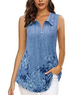 Siddhe Blusen Damen Elegant Festlich Tunika Sommer Longshirt Damen V-Ausschnitt Lässig Baumwolle Sommershirts Damen Leicht und Luftig Bluse Frauen Tunika Shirt Damen Ärmellos Oberteile, Blau Blumen M von Siddhe