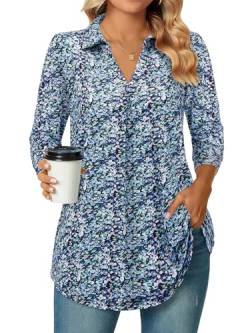 Siddhe Damen Bluse Tops Elegant Longbluse 3/4 Ärmel Oberteile V-Ausschnitt Tunika A-Linie Locker Arbeit Longshirt Lässige Business Shirt Mode Hemd Büro Damenblusen, Blau Blumen 2XL von Siddhe