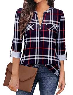 Siddhe Damen Einfarbig V-Ausschnitt Bluse Reißverschluss T-Shirt Oberteile Elegant 3/4 Ärmel Casual Longshirt, Schwarzes Plaid L von Siddhe