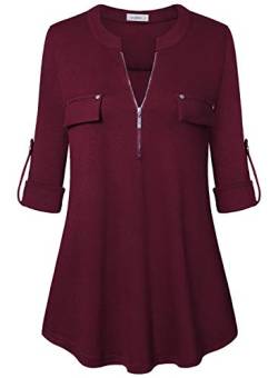 Siddhe Damen Einfarbig V-Ausschnitt Bluse Reißverschluss T-Shirt Oberteile Elegant 3/4 Ärmel Casual Longshirt, Wein XXXL von Siddhe