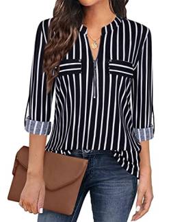 Siddhe Damen Longbluse 3/4 Ärmel Tunika Tops V-Ausschnitt Oberteile Reißverschluss Longshirt A Form T-Shirt Arbeit Hemd Langarmshirts Business Shirt Schwarz Gestreifte, Large von Siddhe