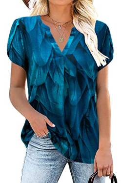 Siddhe Damen T-Shirt Festlich Elegant Blusen Abendblusen V-Ausschnitt Oberteile Damen Große Größen Longbluse Damen Kurzarm Shirt Lässig Blusen Leger Polyester Bluse Longbluse, Pfauenblau Große Größe von Siddhe