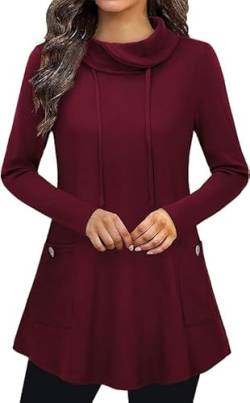 Siddhe Damen Tunika Große Größen Langarmshirts für Frauen Fashion 2022 Elegant Festlich Longblusen und Tuniken Pullover Damen Fließen Winter Damen Shirt,Wein Large von Siddhe