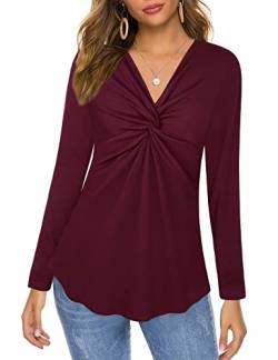 Siddhe Damen V-Ausschnitt Bluse Elegant Festlich Longtunika T-Shirt Oberteile Langarm Tunika A-Linie Lässig Hemd Longbluse A-Linie Tops Elegant Casual Sexy Twist Knoten Shirt Langarmshirts,Weinrot XL von Siddhe