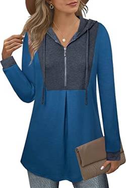 Siddhe Hoodie Damen Farbblock Pullover Tunika Langarm Bluse Kapuzenpullover Oberteile Pulli mit Kapuzen und 1/4 Zip Sweatshirt Reißverschluss Longshirt Locker Tops A-Linie Lang Shirt, Blau-Grau M von Siddhe