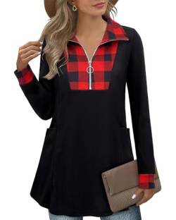 Siddhe Langarmshirt Damen Herbst Winter Longshirt Zip Up Elegant Blusen Langarm Tunika Bluseshirt Damen Sweatshirt Pulli Farbblock Longshirt Lang Tunika Tops, Rot Kariert Weihnachtszeit Oberteile, L von Siddhe