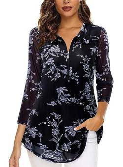 Siddhe Schwarz Bluse Damen V-Ausschnitt Elegant Blusen Tops 3/4 Ärmel Kausal Longshirt Elegant Bluseshirt Longbluse Damen Schick Festlich Oberteile Große Größe Longshirt Lässig für Leggings von Siddhe