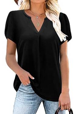 Siddhe Schwarz Damen Tops V-Ausschnitt T-Shirt Blütenblatt Ärmel Sommer Kausal Kurzarm Bluseshirt Longbluse Business Outfits Damen Baumwolle Basic Oberteile Große Größe von Siddhe