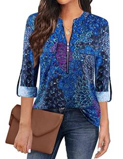 Siddhe V-Ausschnitt Bluse 3/4 Ärmel Damen Oberteile Casual Elegant Festlich Tunika Tops Arbeit Hemd Longshirt Reißverschluss A-Linie T-Shirt Elegant Business Damenblusen Blau Grün, XXL von Siddhe