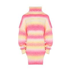 Sidona Women's Damen Hochgeschlossener Farbiger Saum-Split-Strick Nylon Rosa Gelb Mehrfarbig Größe XL/XXL Pullover Sweater von Sidona