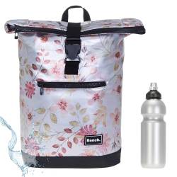 Rucksack Kurierrucksack Bench Hydro Plane Roll-Top backpack Laptoprucksack A4 wetterfest Damen Herren 64175 + Trinkflasche (Flower Silber Metallic 3521) von Sieber