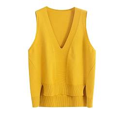 Damen V-Ausschnitt Pullunder Strickweste Ärmellos Einfarbig Casual Tank Top Sweater Für Business Freizeit Ärmelloser Stricken Weste (Gelb) von Siehin