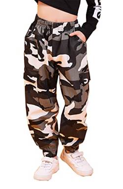 Kinder Cargo Hose Elastische Taille Camouflage Jogginghose für Mädchen Street Hip Hop (Grau, 130-135) von Siehin