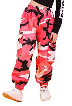 Kinder Cargo Hose Elastische Taille Camouflage Jogginghose für Mädchen Street Hip Hop (Rot, 150-154) von Siehin