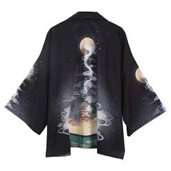 Siehin Damen Frühling-Sommer Drache-Druck Kimono Cardigan Japan Happi Kimono Jacke Yukata Coat Ukiyoe Baggy Tops (L (Tag XL), Schwarz 2) von Siehin