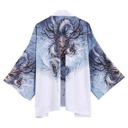 Siehin Damen Frühling-Sommer Drache-Druck Kimono Cardigan Japan Happi Kimono Jacke Yukata Coat Ukiyoe Baggy Tops (L (Tag XL), Weiß 1) von Siehin