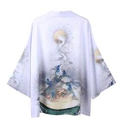 Siehin Damen Frühling-Sommer Drache-Druck Kimono Cardigan Japan Happi Kimono Jacke Yukata Coat Ukiyoe Baggy Tops (XL (Tag 2XL), Weiß 2) von Siehin