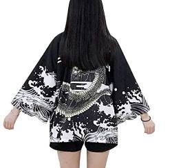 Siehin Damen Kimono Cardigan Japan Happi Kimono Frühling-Sommer Jacke Yukata Coat Ukiyoe Baggy Tops Einheitsgröße (Schwarz Drache) von Siehin