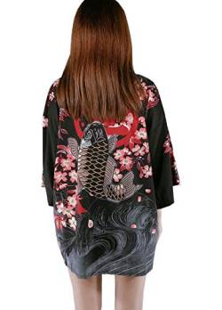 Siehin Damen Kimono Cardigan Japan Happi Kimono Frühling-Sommer Jacke Yukata Coat Ukiyoe Baggy Tops Einheitsgröße (Schwarz Fisch) von Siehin