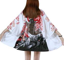 Siehin Damen Kimono Cardigan Japan Happi Kimono Frühling-Sommer Jacke Yukata Coat Ukiyoe Baggy Tops Einheitsgröße (Weiß Fisch) von Siehin