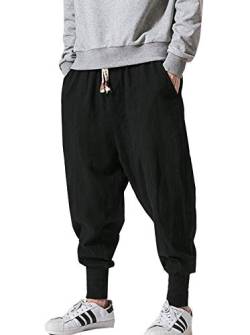 Siehin Herren Baggy Haremshosen Freizeithose Viele Taschen Weite Leinenhose Jogging Hose (L (Label:2XL), Schwarz) von Siehin