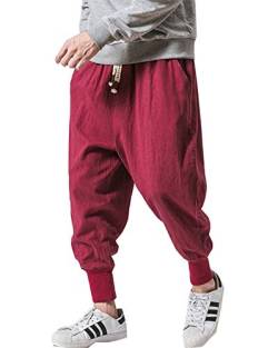 Siehin Herren Baggy Haremshosen Freizeithose Viele Taschen Weite Leinenhose Jogging Hose (XS (Label:M), Rot) von Siehin