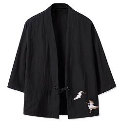 Siehin Herren Baumwolle Leinen Haori V-Kragen Kimono-Jacke (EU L =AISA 2XL, Schwarz) von Siehin