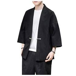 Siehin Herren Baumwollleinen Mäntel Japan Happi Kimono Haori Jacke Frühling-Sommer Übergangsjacke Strickjacke (Schwarz, M) von Siehin