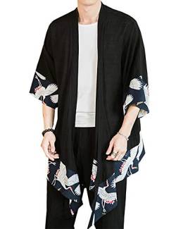 Siehin Herren Frühling-Sommer Casual Japan Happi Kimono Haori Jacke Übergangsjacke Mäntel Baumwollleinen Poncho Kap Mantel Wolljacke (XL (Label 3XL), Schwarz) von Siehin