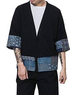 Siehin Herren Japan Happi Kimono Haori Jacke Übergangsjacke Baumwolle Leinen Mäntel (M-L (Label:2XL), Schwarz) von Siehin