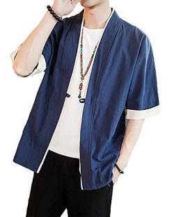 Siehin Herren Leinen Japan Happi Kimono Haori Jacke Übergangsjacke (XL (Label:4XL), Blau) von Siehin