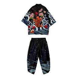 Siehin Japanischer Kimono-Hose-Set für Herren, Frühling-Sommer Traditionelles Haori Strickjacke Freizeithosen Ukiyoe Jacke Yukata Baggy Capri Hose Tops (M, Strickjacke+Hose) von Siehin