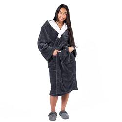 Sienna Langer Morgenmantel mit Kapuze für Damen Herren Damen Mädchen flauschig Sherpa gefüttert Super Soft Flanell Fleece Bequem Hoodie Kuscheliger Bademantel - Anthrazit von Sienna