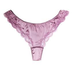 SilRiver Damen Seide G-String Tanga Panties Satin T-Rücken Spitze Tanga Unterwäsche, Lavendel, X-Large von SilRiver