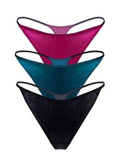 SilRiver Damen Seidensatin Sexy Spitzen Unterwäsche Tanga Höschen G-String & T-Back, Schwarz-rose Violet - Türkisches Blau, M von SilRiver