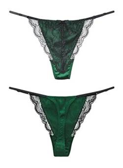 SilRiver Damen Seidensatin Sexy Spitzen Unterwäsche Tanga Höschen G-String & T-Back, Smaragd, S-M von SilRiver