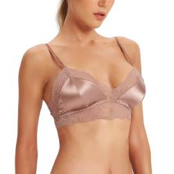 SilRiver Damen Silky Satin Wireless BH Spitzen-Bralette mit herausnehmbaren Pads Sommer-BH - T-Shirts (Large, Champagner) von SilRiver