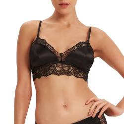 SilRiver Damen Silky Satin Wireless BH Spitzen-Bralette mit herausnehmbaren Pads Sommer-BH - T-Shirts (Medium, Schwarz) von SilRiver