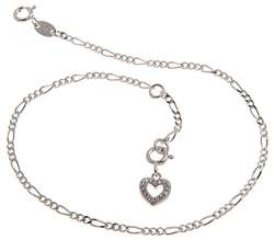 Fußkette Silber (Figarokette) mit Anhänger Herz weiß - Breite 2,2mm - Länge 30cm - echt 925 Silber von Silberketten-Store