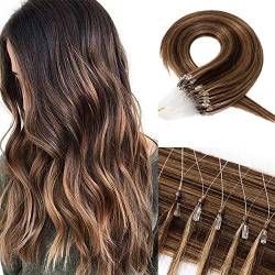 Echthaar Extensions Microring Extensions Echthaar 0,5g/Strähne 100 Strähnen/Packung Weich Haarverlängerung Glatt Haarteil 7A Human Hair 50g 40cm-4P27# Mittelbraun & Dunkelblond von Silk-co