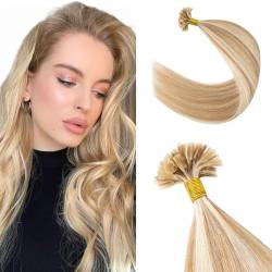 Extensions Echthaar Bondings Haarverlängerung Glatt Natürlich Weich Haarteil Keratin U Tip 1 Gramm/Strähne 50 Gramm 55cm 12P613# Goldenbraun & Bleichblond von Silk-co