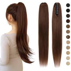 Haarteile Echthaar Ponytail Extension Clip in Pferdeschwanz Extensions Echthaar Glatt Zopf Haarverlängerung mit Klammer Claw Hair Extensions 7A Remy Hair 35cm-105g 04# Mittelbraun von Silk-co