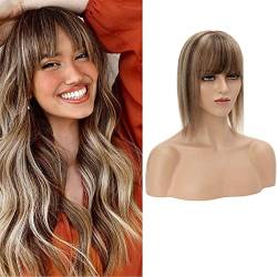 Silk-co Clip in Extension Echthaar Topeer Echthaar Haarteile Echthaar Toupet Haarverlängerung mit Franse Pony Hair Extensions für Frauen 7A Real Human Hair 40cm-48g 4P27# Mittelbraun & Dunkelblond von Silk-co