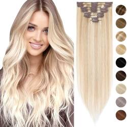 Silk-co Echthaar Clip In Extensions 8 Tressen 18 Clips 70g, Blonde Highlighted Hair Extensions, Remy Echthaar Clip In Extensions Haarverlängerung 18P613# Graublond und Bleichblond 50cm von Silk-co