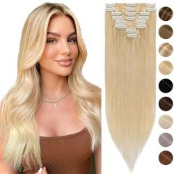 Silk-co Echthaar Clip In Extensions 8 Tressen 18 Clips 70g, Hellblond Hair Extensions, Remy Echthaar Clip In Extensions Haarverlängerung 24# Blond 45cm von Silk-co