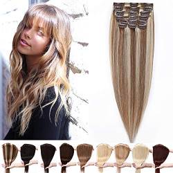 Silk-co Haarteile Echthaar Clip in Extensions Echthaar 8 Teilig 18 Clips Glatt Haarverlängerung 7A Human Hair Weich Natürlich Hair Extension 45cm-80g 12P613# Goldbraun & Bleichblond von Silk-co