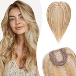 Silk-co Hair Topper Echthaar, 10x12cm Basis Toupet Damen, Haartopper Echthaar mit Remy Seide Basis, Haar Topper Clip in Haarteil Extensions, 15cm12P613# Goldbraun & Bleichblond von Silk-co