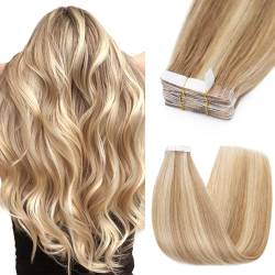 Silk-co Tape Extensions Echthaar 10stk, Remy Tape in Extensions Haarverlängerung, Skin Weft Echthaar Haarextensions Tape Kleber 25g, 12P613# Goldenbraun mix Bleichblond 60cm von Silk-co